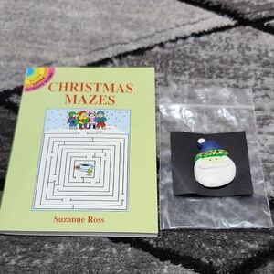 VINTAGE SANTA CLAUS BROOCH PIN & 1996 SUZANNE ROSS CHRISTMAS MAZES BUNDLE